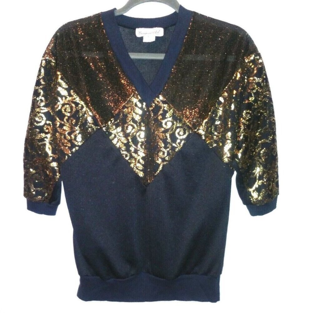 PARTY TOP womens GOLD BLACK vintage European Club Sz M MADE IN USA V neck